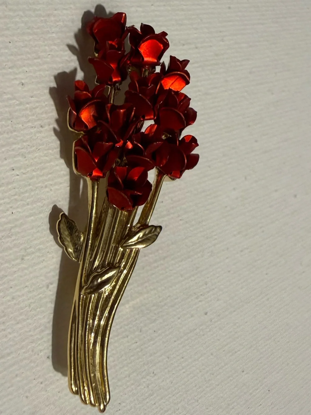 Gold-Tone Bouquet Brooch with Deep Red Enamel Flowers